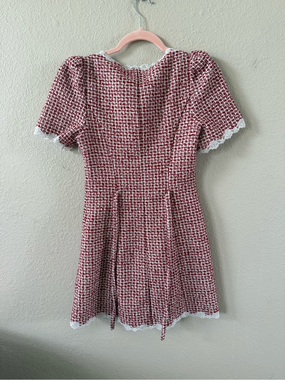 Reformation Red Tweed Mini Dress with White Lace Trim - Picture 4 of 5